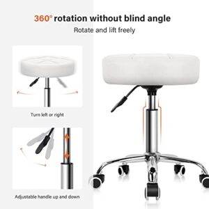 KKTONER Round Rolling Stool Chair PU Leather Height Adjustable Shop Stool Swivel Drafting Work SPA Salon Stools with Wheels Office Chair (White)