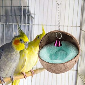 AYNEFY Natural Coconut Shell Bird Nest House Bed Breeding Nesting Anti-Pecking Bite with Warm Pad and Bell for Bird Parrot Budgie Parakeet Cockatiel Conure Lovebird Canary Finch