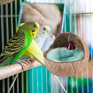 AYNEFY Natural Coconut Shell Bird Nest House Bed Breeding Nesting Anti-Pecking Bite with Warm Pad and Bell for Bird Parrot Budgie Parakeet Cockatiel Conure Lovebird Canary Finch