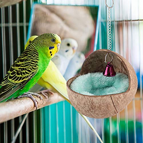 AYNEFY Natural Coconut Shell Bird Nest House Bed Breeding Nesting Anti-Pecking Bite with Warm Pad and Bell for Bird Parrot Budgie Parakeet Cockatiel Conure Lovebird Canary Finch