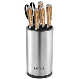 Laxinis World Universal Knife Block, Stainless Steel Round Knife Holder with Scissors-Slot, Counter-top Storage, Holds 12 8.5”-Blade Knives, 9” by 4.5” (knives not included)