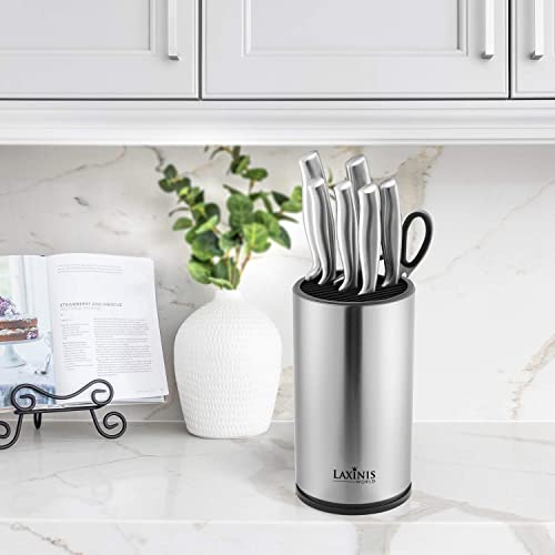 Laxinis World Universal Knife Block, Stainless Steel Round Knife Holder with Scissors-Slot, Counter-top Storage, Holds 12 8.5”-Blade Knives, 9” by 4.5” (knives not included)