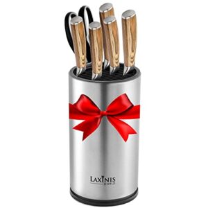 Laxinis World Universal Knife Block, Stainless Steel Round Knife Holder with Scissors-Slot, Counter-top Storage, Holds 12 8.5”-Blade Knives, 9” by 4.5” (knives not included)