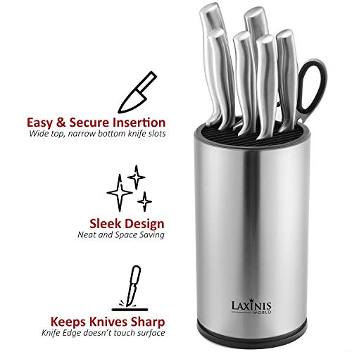 Laxinis World Universal Knife Block, Stainless Steel Round Knife Holder with Scissors-Slot, Counter-top Storage, Holds 12 8.5”-Blade Knives, 9” by 4.5” (knives not included)