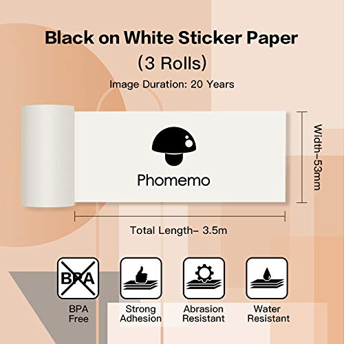 Phomemo White Self-Adhesive Thermal Paper for Phomemo M02/M02 Pro/M02S/M03, Storage Time 20 Years, 50mm x 3.5m, Diameter 30mm, 3 Rolls
