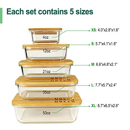 Urban Green Glass Containers with Bamboo Lids, Meal Prep Glass Containers, Glass Food storage Containers, 5 Pack, Pantry & Kitchen Glass Organizer, Lunch glass container, Microwave Oven Freezer Safe