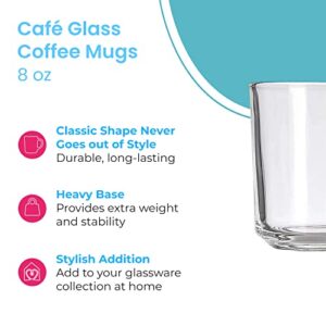 Clear Café Glass Coffee Mugs - 8 oz Heat Resistant Cups For Tea, Coffee, Espresso, Juice, Mulled Wine and More - Set of 6