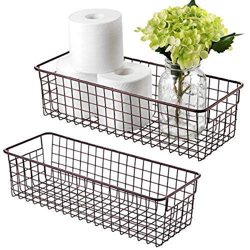 Farmhouse Decor Metal Wire Storage Organizer Bin Basket(2 Pack) - Rustic Toilet Paper Holder - Home Storage Organizer for Bathroom, kitchen cabinets,Pantry, Laundry Room, Closets, Garage (Bronze)