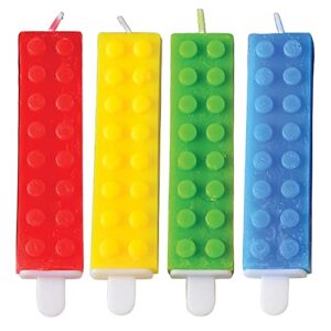 artcreativity brick candles, building block themed birthday cake candles - pack of 4 - red, yellow, green, and blue brick party candles, colorful building block birthday party supplies and decoration