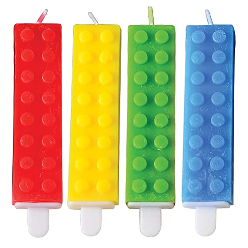 ArtCreativity Brick Candles, Building Block Themed Birthday Cake Candles - Pack of 4 - Red, Yellow, Green, and Blue Brick Party Candles, Colorful Building Block Birthday Party Supplies and Decoration