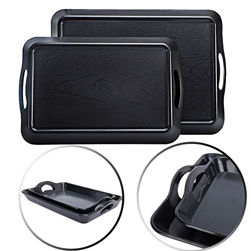 Uniyou Wood Grain Serving Tray with Handles Rectangular Thickened Waterproof Heat Resistant Plastic Serving Tray with Wide Handle, Black 16.5'' x 11'' and 14.5'' x 9''