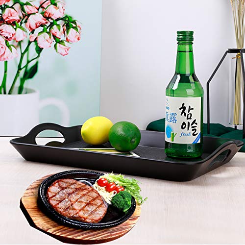 Uniyou Wood Grain Serving Tray with Handles Rectangular Thickened Waterproof Heat Resistant Plastic Serving Tray with Wide Handle, Black 16.5'' x 11'' and 14.5'' x 9''