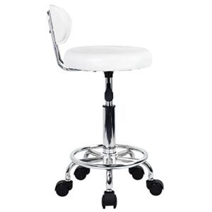 KKTONER PU Leather Modern Rolling Stool with Low Back Height Adjustable Work Salon Drafting Swivel Task Chair with Footrest (White)