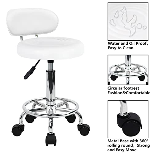 KKTONER PU Leather Modern Rolling Stool with Low Back Height Adjustable Work Salon Drafting Swivel Task Chair with Footrest (White)