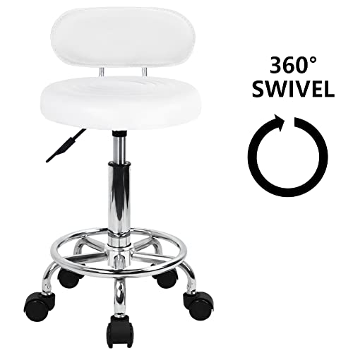 KKTONER PU Leather Modern Rolling Stool with Low Back Height Adjustable Work Salon Drafting Swivel Task Chair with Footrest (White)