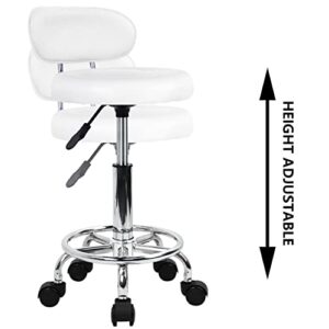 KKTONER PU Leather Modern Rolling Stool with Low Back Height Adjustable Work Salon Drafting Swivel Task Chair with Footrest (White)