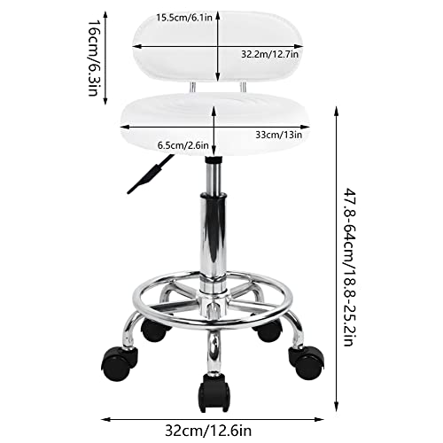 KKTONER PU Leather Modern Rolling Stool with Low Back Height Adjustable Work Salon Drafting Swivel Task Chair with Footrest (White)