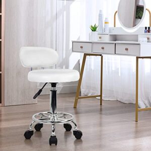 KKTONER PU Leather Modern Rolling Stool with Low Back Height Adjustable Work Salon Drafting Swivel Task Chair with Footrest (White)