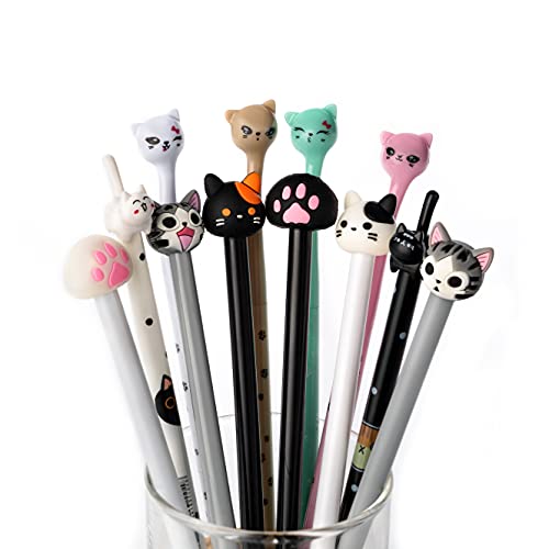 RECHENG cute cat gel pens,fun kawaii pens set,Animal black ink pens for kids office school supplies,12-Styles