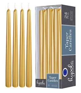 hyoola tall taper candles - metallic gold dripless dinner candle sticks - paraffin wax with cotton wicks - 10 inch (25cm) - 8 hour burn time (24 pack)