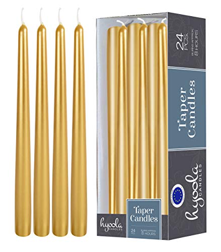 Hyoola Tall Taper Candles - Metallic Gold Dripless Dinner Candle Sticks - Paraffin Wax with Cotton Wicks - 10 Inch (25cm) - 8 Hour Burn Time (24 Pack)