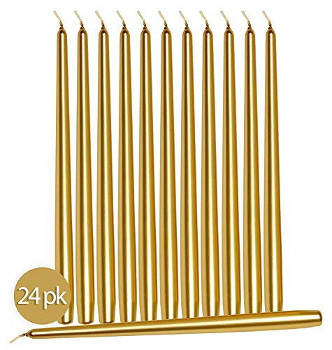 Hyoola Tall Taper Candles - Metallic Gold Dripless Dinner Candle Sticks - Paraffin Wax with Cotton Wicks - 10 Inch (25cm) - 8 Hour Burn Time (24 Pack)