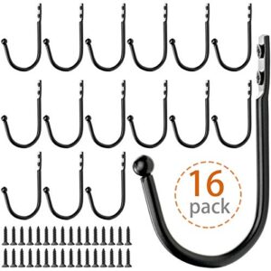 iloft black single hooks wall mount small wrought iron hook utility decorative towels hat coat keys hanger for the entryway, bathroom, bedroom, kitchen, mudroom metal j hook, 16pcs with 32 screws, 3.4