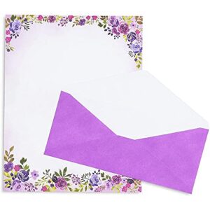 Purple Watercolor Floral Stationery Paper and Envelopes Set (8.5 x 11 In, 48 Pack)