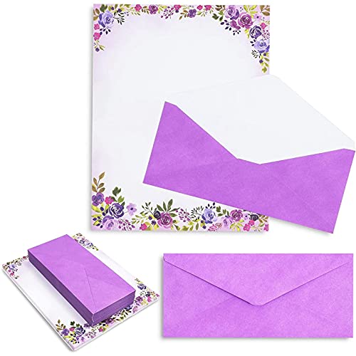 Purple Watercolor Floral Stationery Paper and Envelopes Set (8.5 x 11 In, 48 Pack)