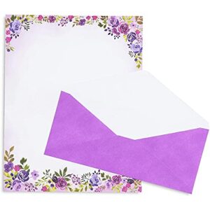 Purple Watercolor Floral Stationery Paper and Envelopes Set (8.5 x 11 In, 48 Pack)