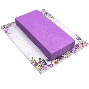 Purple Watercolor Floral Stationery Paper and Envelopes Set (8.5 x 11 In, 48 Pack)