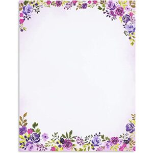 Purple Watercolor Floral Stationery Paper and Envelopes Set (8.5 x 11 In, 48 Pack)