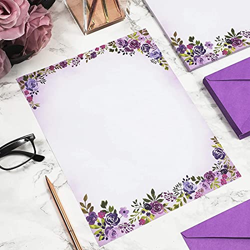 Purple Watercolor Floral Stationery Paper and Envelopes Set (8.5 x 11 In, 48 Pack)