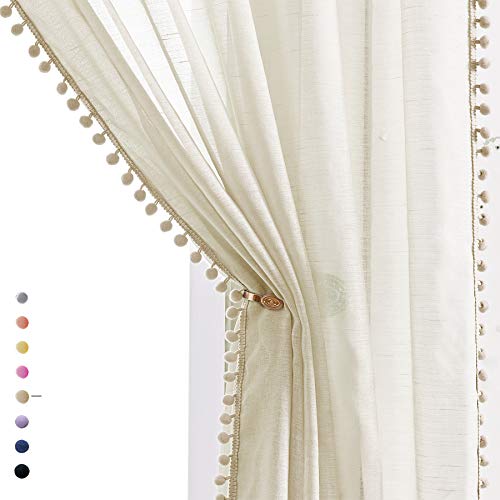 Treatmentex Pom Pom Linen Sheer Curtains for Living Room 63 inches Length Slub Textured Natural Farmhouse Window Sheers Drapes 52" w x 2 Pack, Rod Pocket