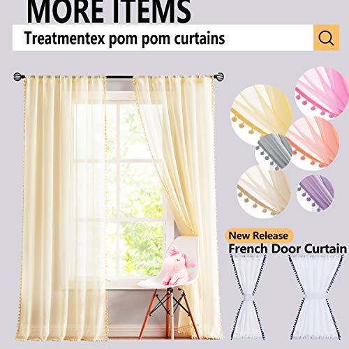 Treatmentex Pom Pom Linen Sheer Curtains for Living Room 63 inches Length Slub Textured Natural Farmhouse Window Sheers Drapes 52" w x 2 Pack, Rod Pocket