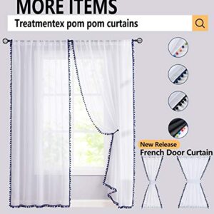 Treatmentex Pom Pom Linen Sheer Curtains for Living Room 63 inches Length Slub Textured Natural Farmhouse Window Sheers Drapes 52" w x 2 Pack, Rod Pocket