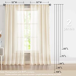 Treatmentex Pom Pom Linen Sheer Curtains for Living Room 63 inches Length Slub Textured Natural Farmhouse Window Sheers Drapes 52" w x 2 Pack, Rod Pocket