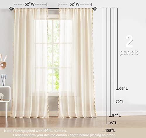 Treatmentex Pom Pom Linen Sheer Curtains for Living Room 63 inches Length Slub Textured Natural Farmhouse Window Sheers Drapes 52" w x 2 Pack, Rod Pocket