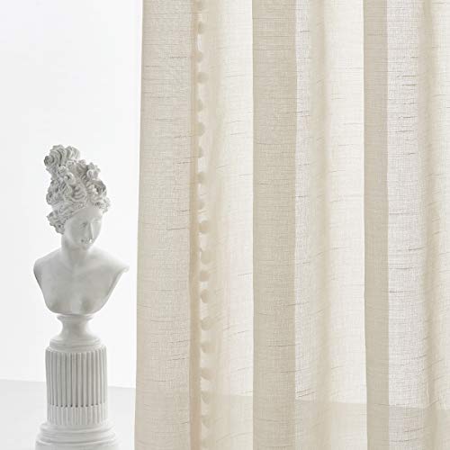 Treatmentex Pom Pom Linen Sheer Curtains for Living Room 63 inches Length Slub Textured Natural Farmhouse Window Sheers Drapes 52" w x 2 Pack, Rod Pocket