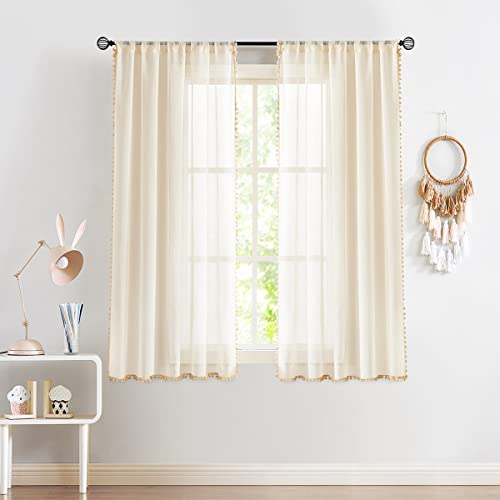 Treatmentex Pom Pom Linen Sheer Curtains for Living Room 63 inches Length Slub Textured Natural Farmhouse Window Sheers Drapes 52" w x 2 Pack, Rod Pocket