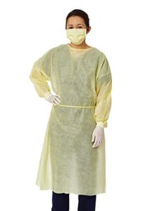 disposable protective isolation gown with elastic cuff,latex free,non-woven, fluid resistant,one size fits all,(pack of 10) yellow