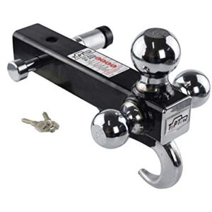 TOPTOW 64180L Trailer Receiver Hitch Triple Ball Mount with Hook, Fits for 2 inch Receiver, Chrome Balls, 2 inch Shank, with 5/8 inch Lock