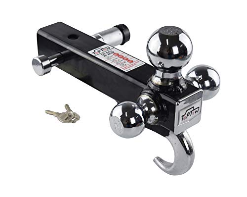 TOPTOW 64180L Trailer Receiver Hitch Triple Ball Mount with Hook, Fits for 2 inch Receiver, Chrome Balls, 2 inch Shank, with 5/8 inch Lock