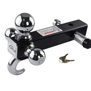 TOPTOW 64180L Trailer Receiver Hitch Triple Ball Mount with Hook, Fits for 2 inch Receiver, Chrome Balls, 2 inch Shank, with 5/8 inch Lock
