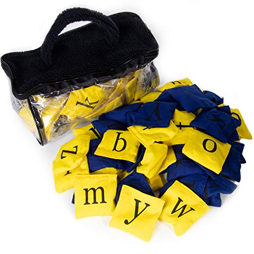 Mini Alphabet Bean Bags - Upper & Lower Case Letter Toy with Carrying Case - 26 Yellow and 26 Blue Baggies - Classroom and Homeschool Supplies - Learn ABCs, Spelling, and Educational Cornhole Game