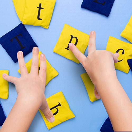 Mini Alphabet Bean Bags - Upper & Lower Case Letter Toy with Carrying Case - 26 Yellow and 26 Blue Baggies - Classroom and Homeschool Supplies - Learn ABCs, Spelling, and Educational Cornhole Game