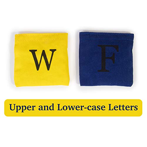 Mini Alphabet Bean Bags - Upper & Lower Case Letter Toy with Carrying Case - 26 Yellow and 26 Blue Baggies - Classroom and Homeschool Supplies - Learn ABCs, Spelling, and Educational Cornhole Game