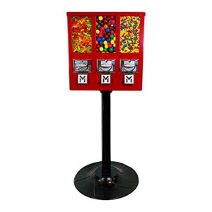 red all metal triple compartment commercial vending machine for 1 inch gumballs, 1 inch toy capsules, bouncy balls, candy, nuts with stand by american gumball company