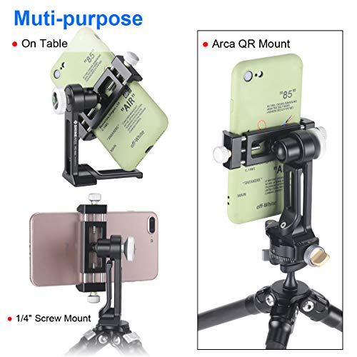 Metal Phone Tripod Mount Adapter, Phone Holder Stand with Arca Swiss and 1/4" Screw Mount,360 Degree Vertical & Horizonta Rotate, Fits iPhone 7 8 9 X 11 12 13 14 Max Plus Mini Se Pro