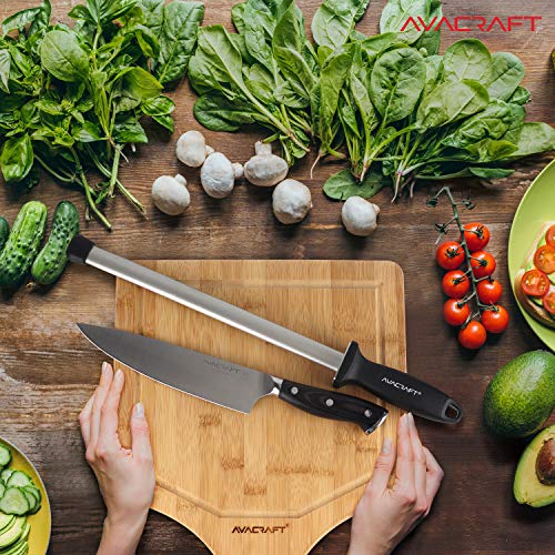 AVACRAFT 12 inch Knife Sharpener Rod, Diamond Steel Knife Honing Steel, Premium Knife Sharpening Steel, Oval shaped Honer, Ergonomic Handle for Firm Grip